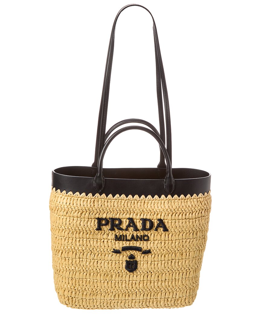 Shop Prada Small Woven Straw & Leather Tote In Black