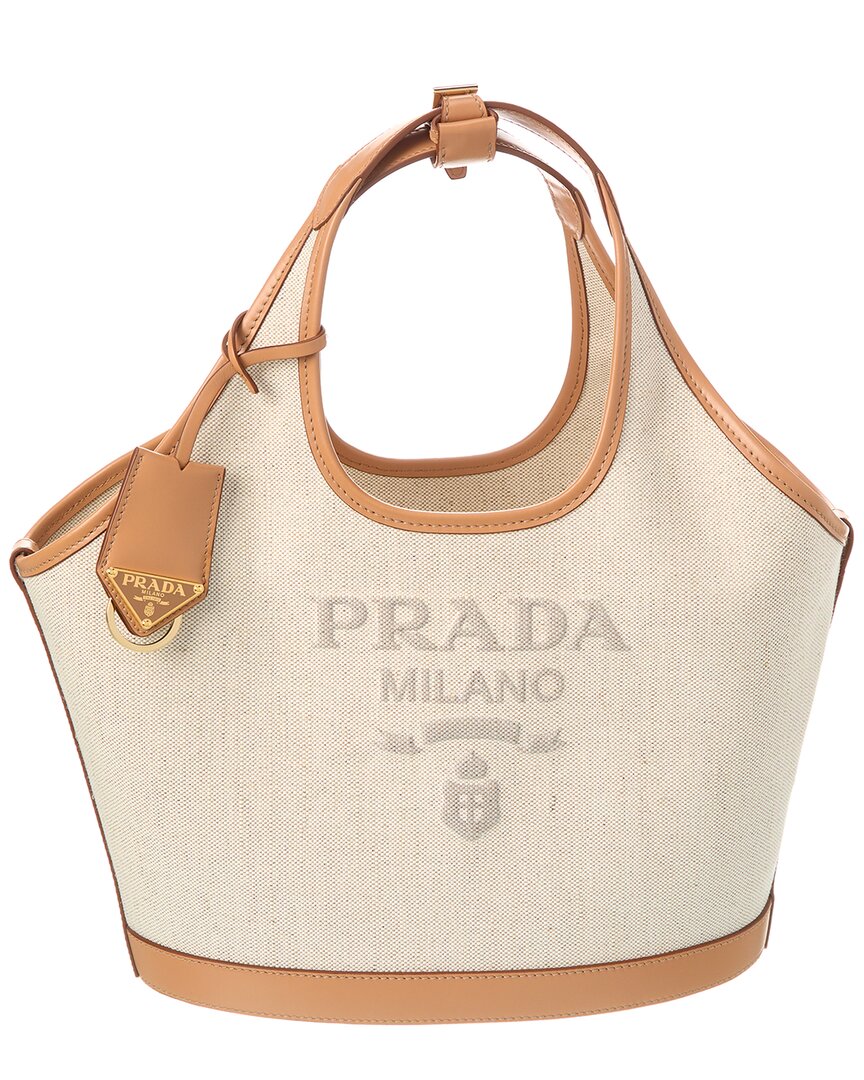 Shop Prada Medium Linen & Leather Tote In Brown
