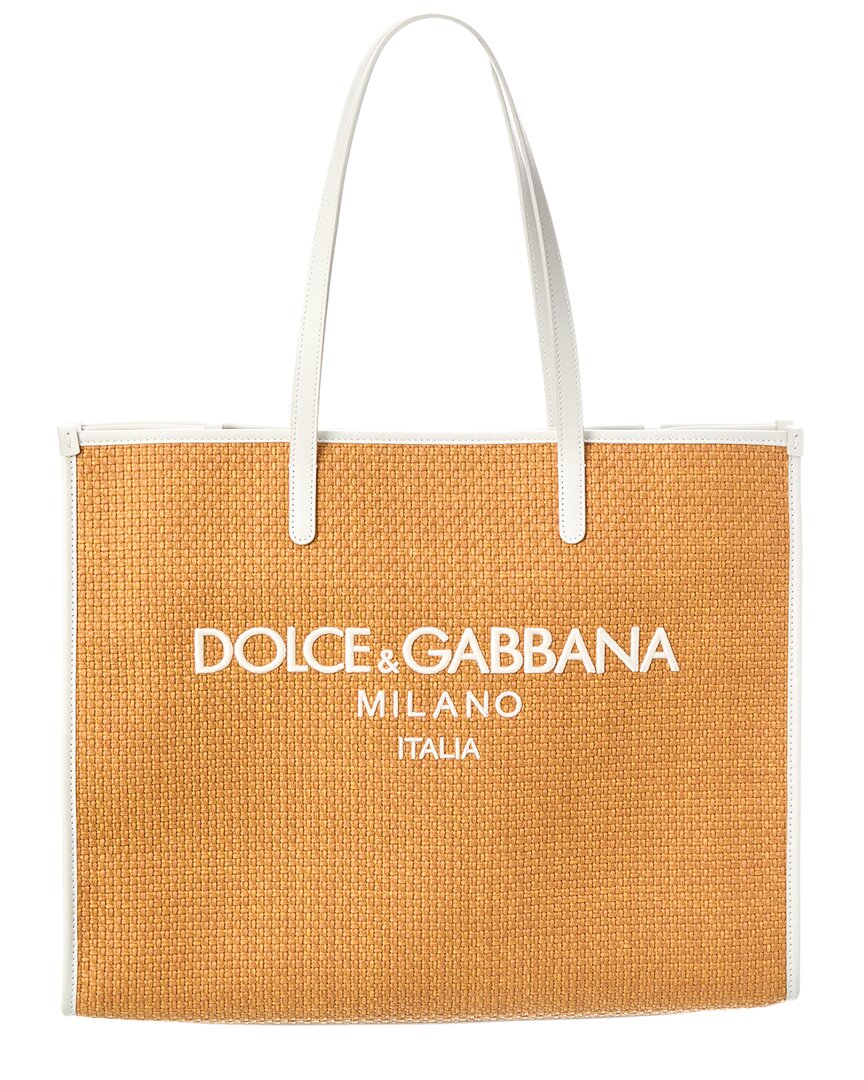 Shop Dolce & Gabbana Large Woven Raffia & Leather Tote In Brown