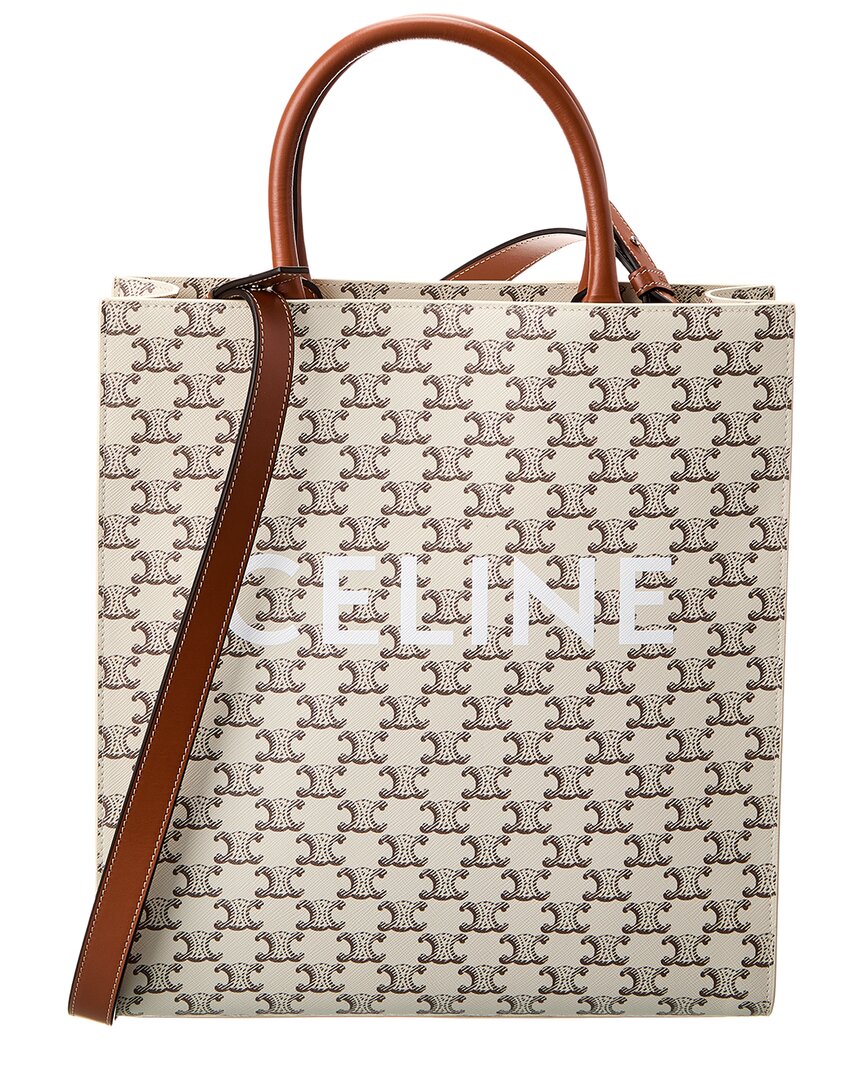 Shop Celine Vertical Cabas Medium Triomphe Canvas & Leather Tote In Brown
