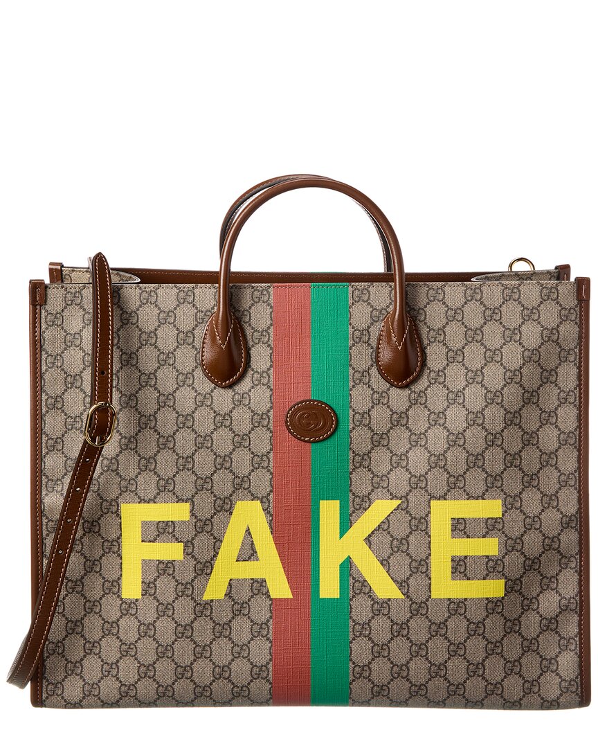 Gucci Fake/not Print Large Gg Supreme Canvas & Leather Tote In Brown
