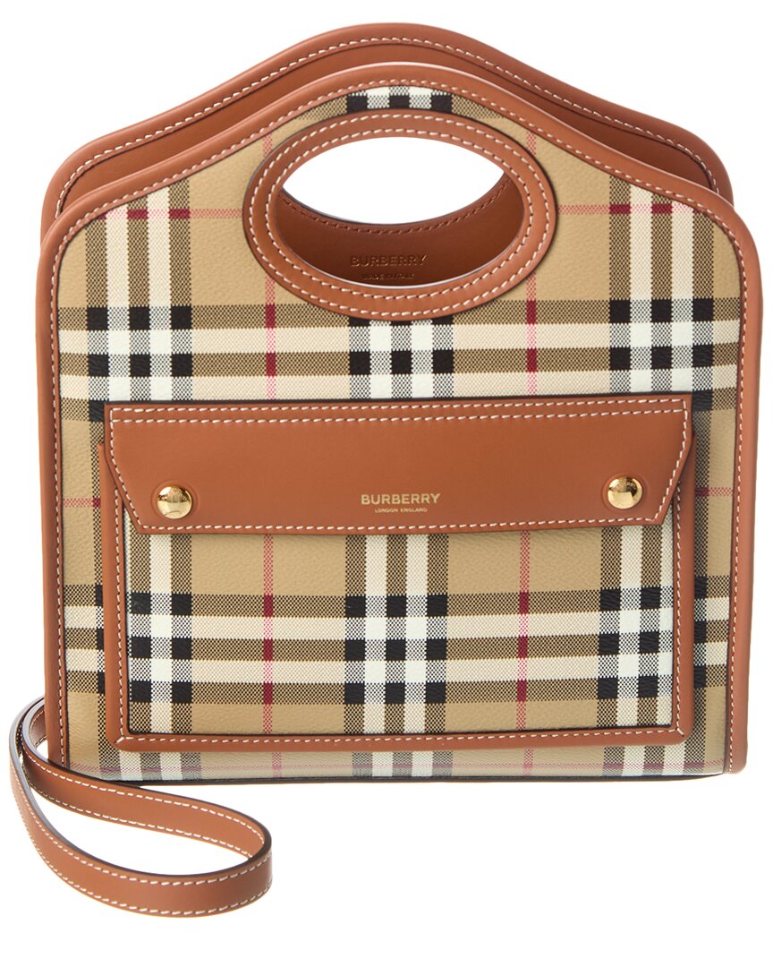 Shop Burberry Mini Vintage Check E-canvas & Leather Pocket Bag In Brown