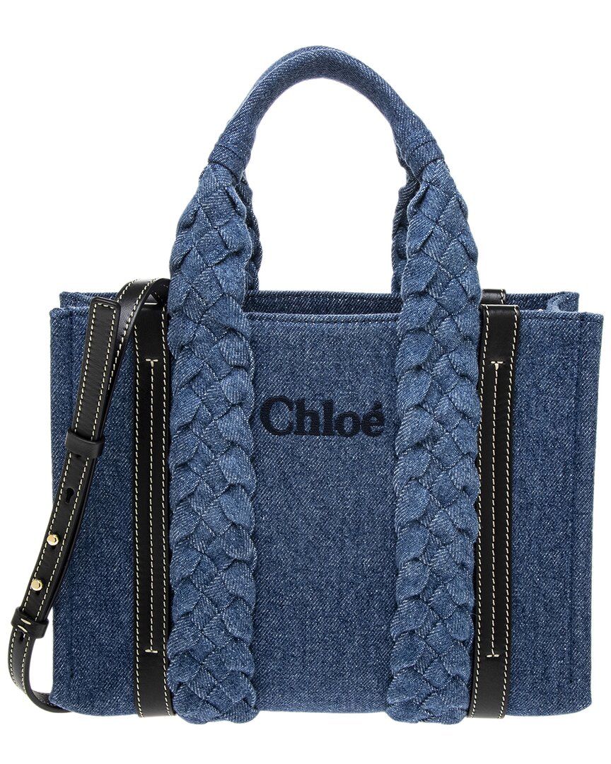 Chloé Woody Small Leather-trim Tote In Blue