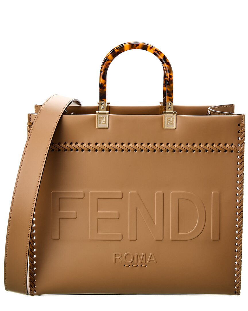 Shop Fendi Sunshine Medium Leather Tote In Brown
