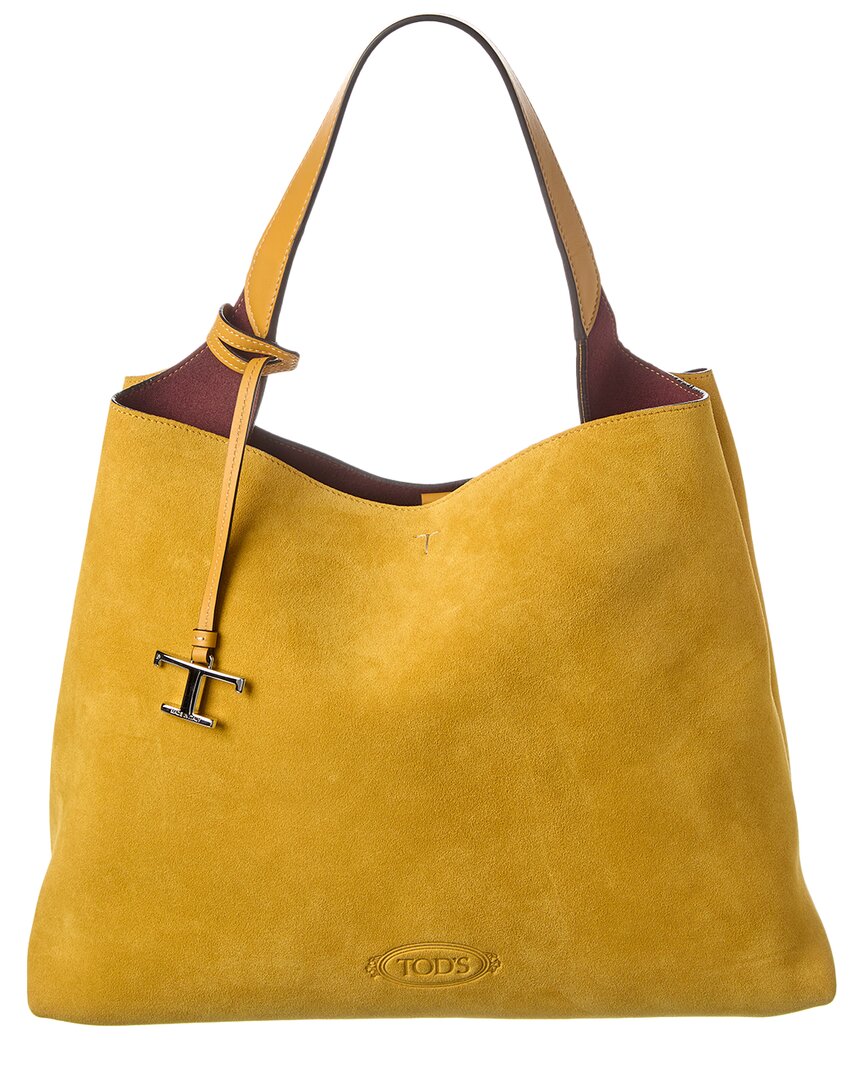 Tod's T Logo Suede Tote In Yellow
