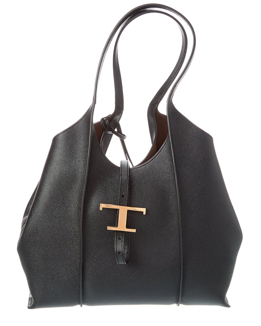 Shop Tod's T Timeless Small Leather Tote In Black