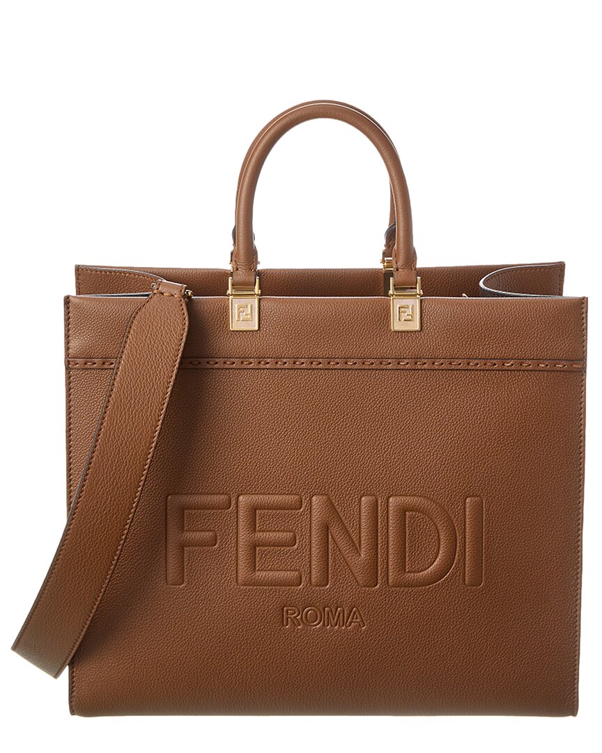 Shop Fendi Sunshine Medium Leather Tote In Brown