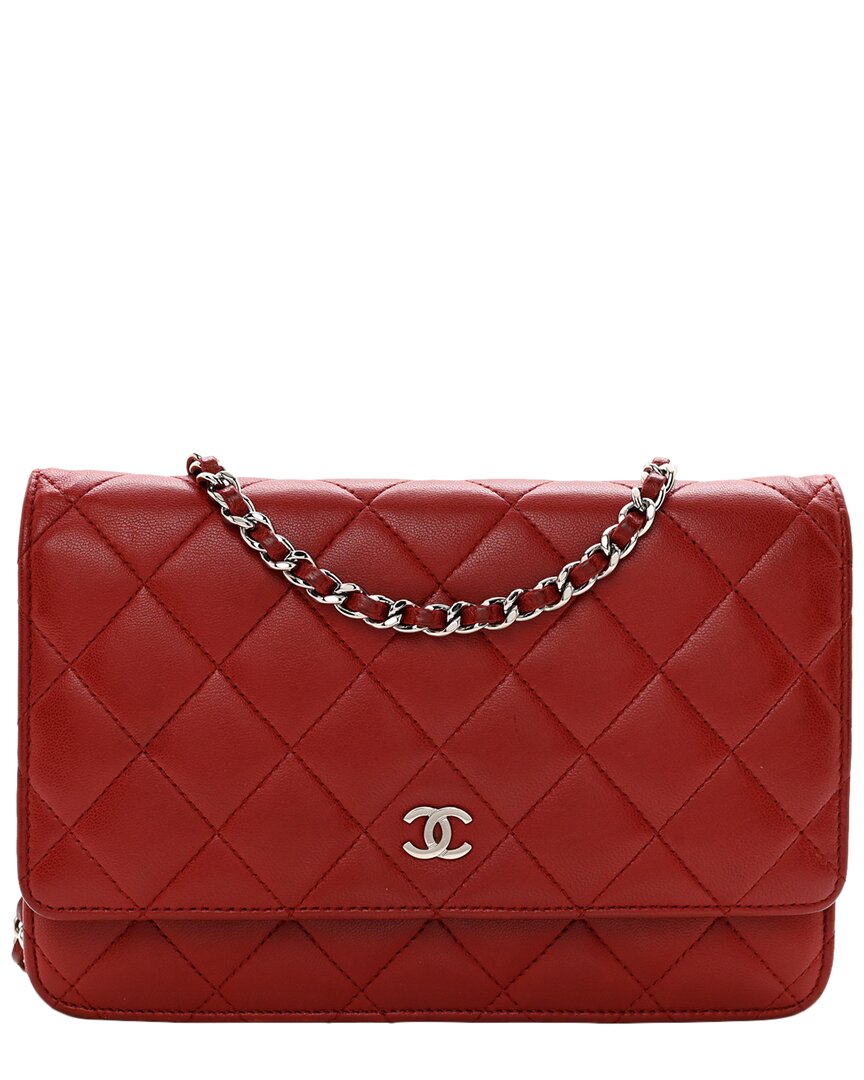 Pre-owned Chanel Red Quilted Lambskin Leather Wallet On Chain (authentic )