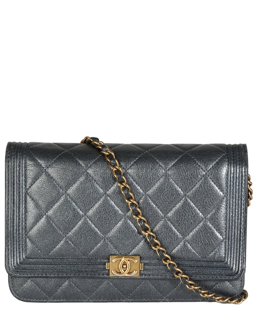 Pre-owned Chanel Gray Quilted Leather Boy Wallet On Chain (authentic Pre-loved)