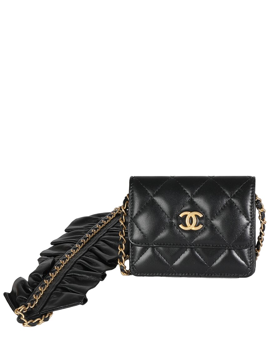 Pre-owned Chanel Black Quilted Leather Ruffled Card Holder On Chain (authentic Pre-  Loved)
