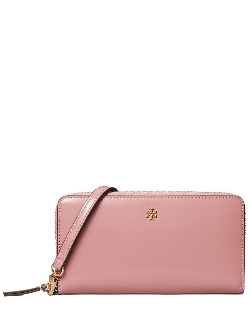 Tory Burch Emerson Patent Wristlet Zip Continental Wallet In Pink