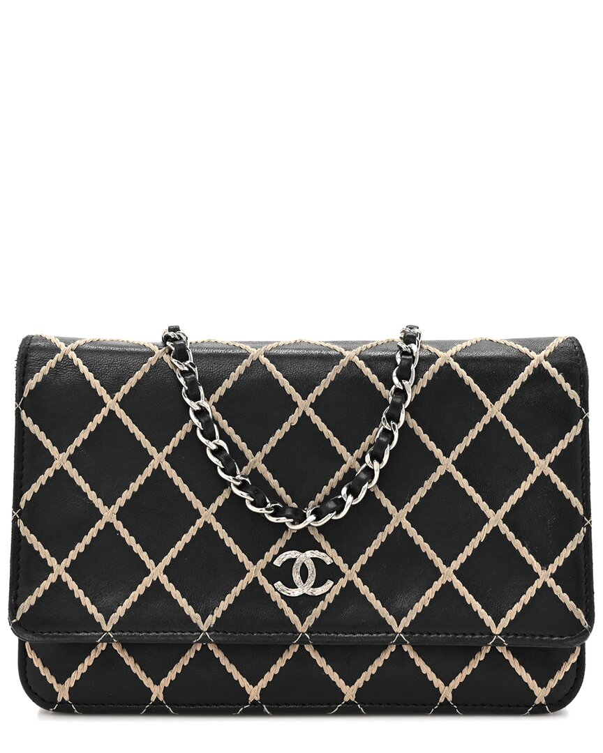 Pre-owned Chanel Black Calfskin Leather Diamond Stitch Wallet On Chain (authentic Pre-  Loved)