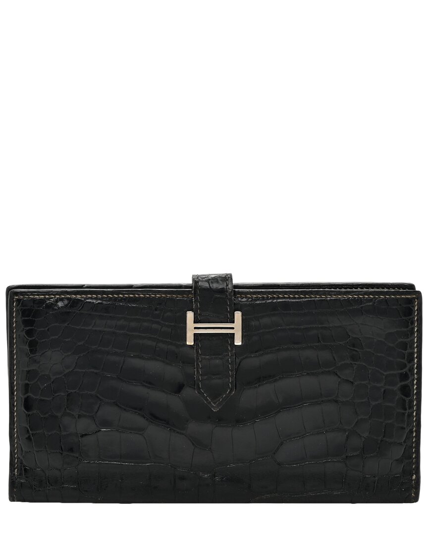 Pre-owned Hermes Hermès Black Shiny Alligator Bearn Wallet (authentic Pre-loved)