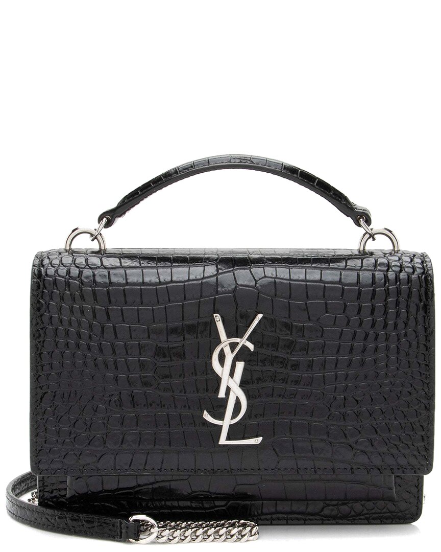 Saint Laurent Black Croc-embossed Leather Monogram Sunset Chain Wallet (authentic Pre-loved) In Black