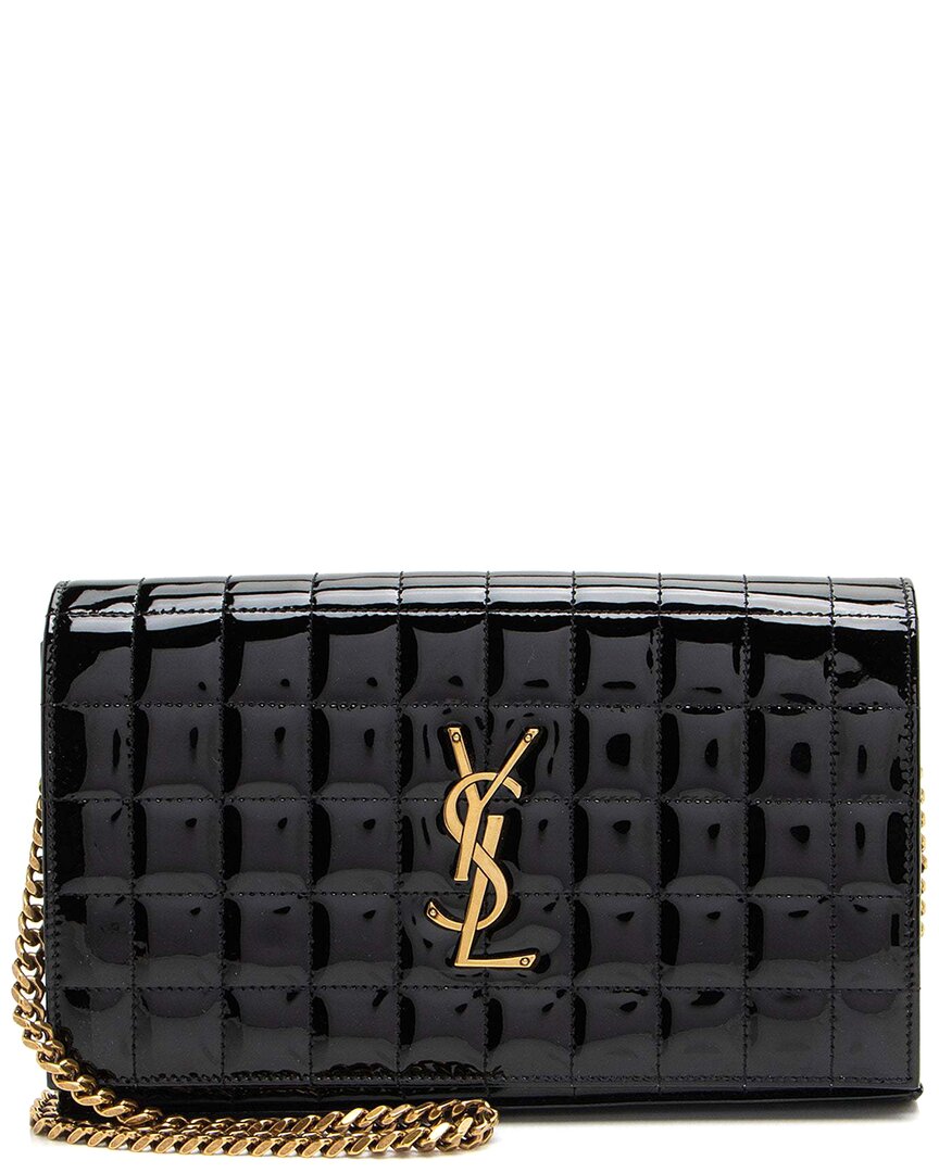 Saint Laurent Black Quilted Patent Leather Monogram Cassandre Chain Wallet (authentic Pre-loved) In Black