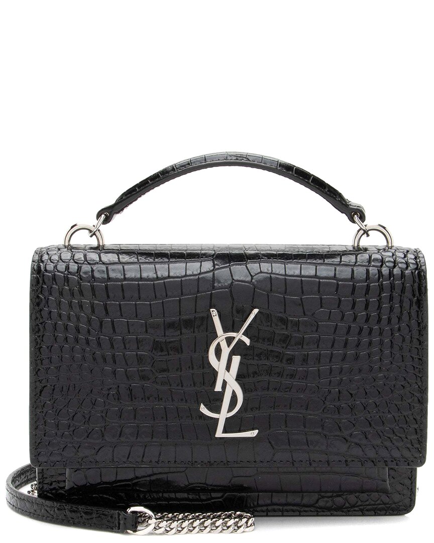 Saint Laurent Black Croc-embossed Leather Monogram Sunset Chain Wallet  (authentic Pre-loved) In Black