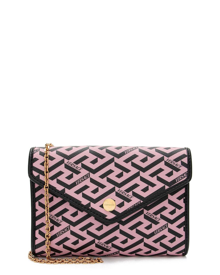 Versace Black Coated Canvas La Greca Wallet On Chain (authentic Pre-loved)