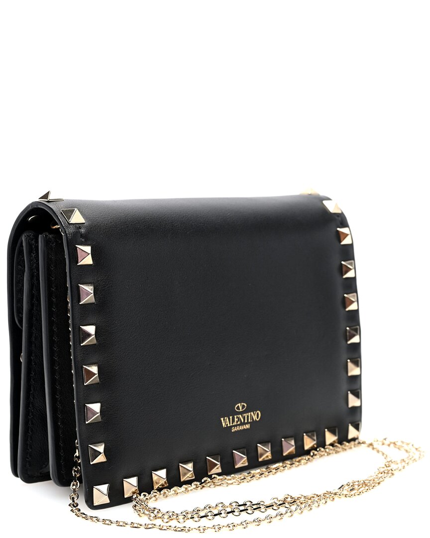 Valentino Garavani Valentino Black Calfskin Leather Rockstud Wallet On Chain (authentic Pre-  Loved)