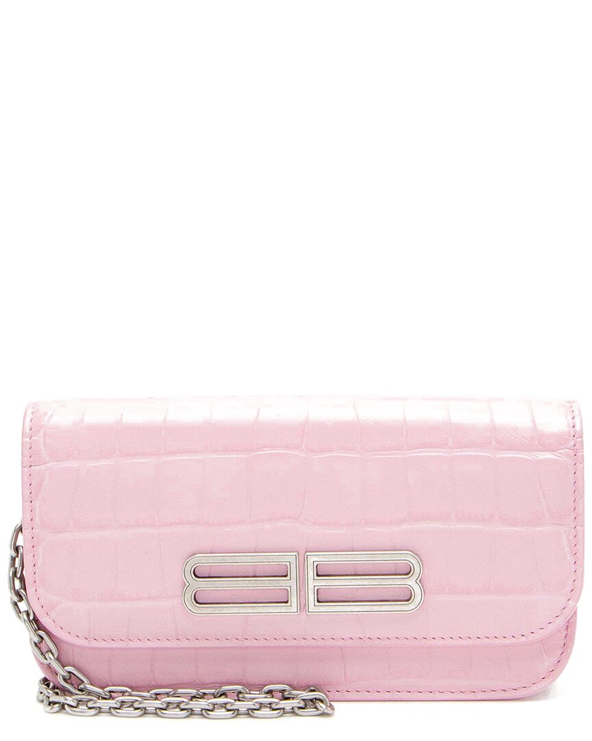 Balenciaga Pink Croc-embossed Calfskin Gossip Wallet On Chain (authentic Pre- Loved)