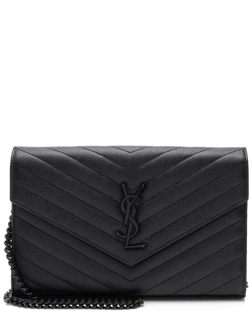 Saint Laurent Matelassé Grain De Poudre Monogram Chain Wallet (authentic Pre-loved) In Black