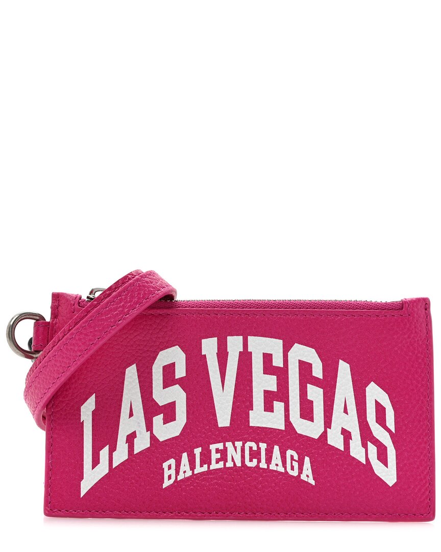 Balenciaga Chai Grained Calfskin Leather Las Vegas Logo Cash Coin Card Holder  On Keychain (authenti