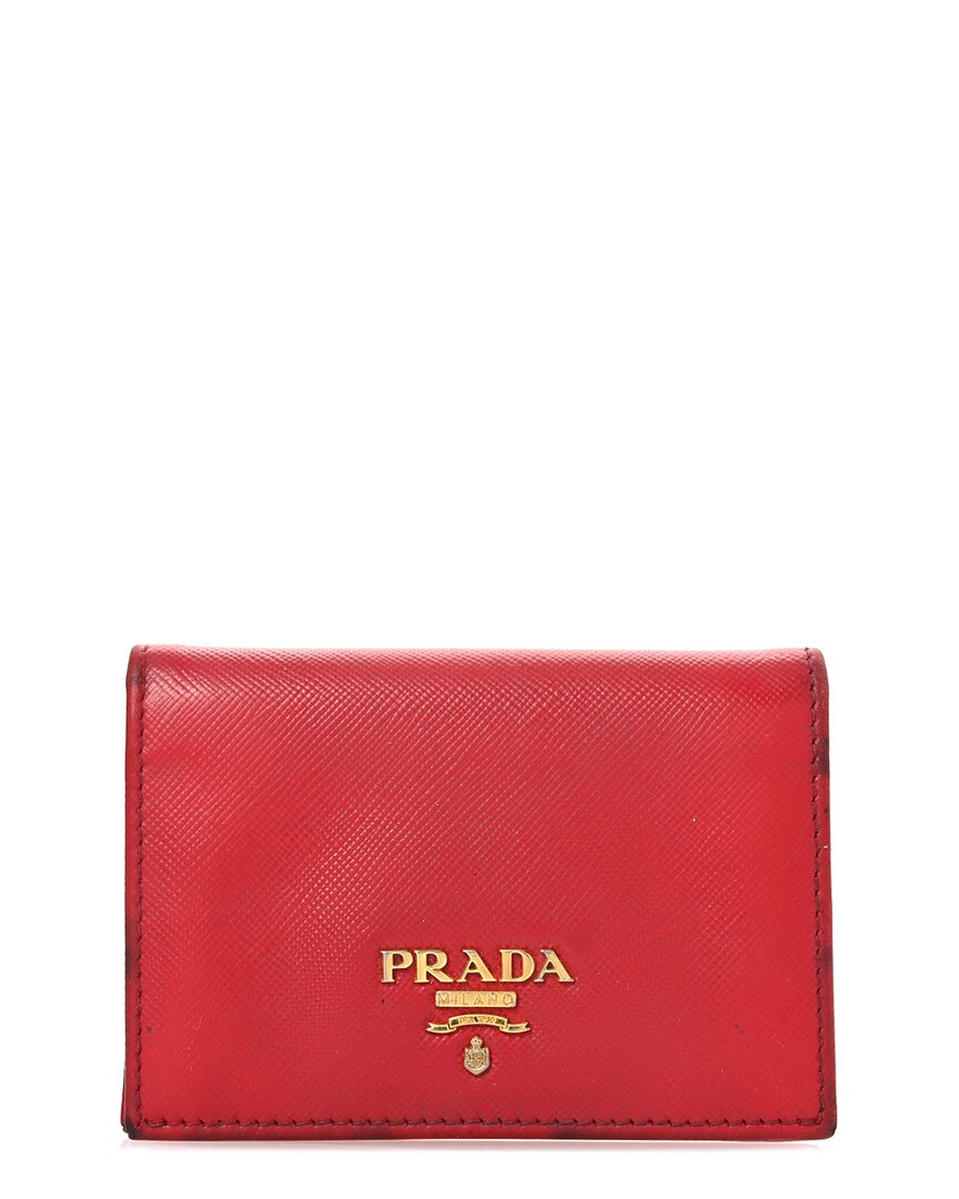 Prada Red Saffiano Leather Triangle Bi-fold Card Holder Wallet (authentic Pre- Loved) In Brown