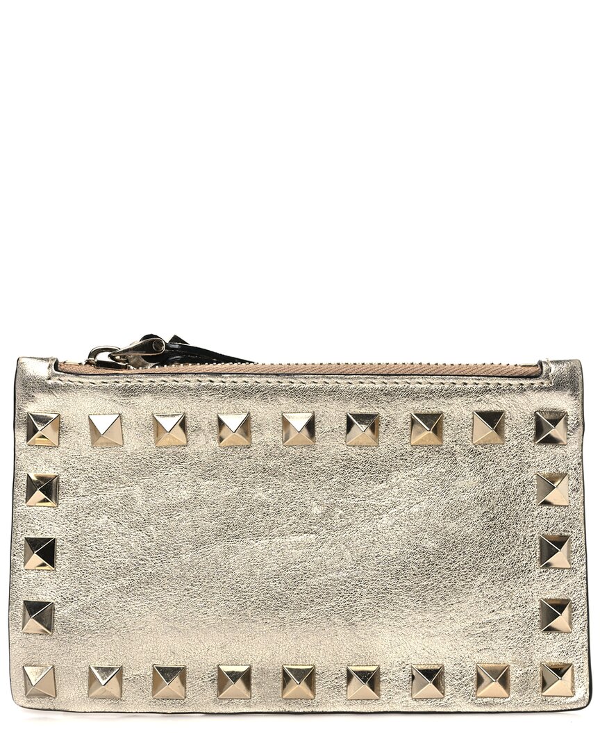 Valentino Gold Calfskin Leather Rockstud Coin Case Card Holder (authentic Pre- Loved) In Gold