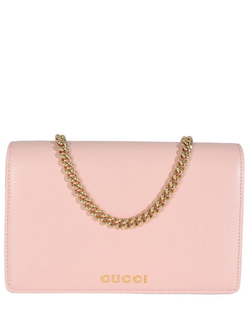 Gucci Pink Leather Script Logo Wallet On Chain (authentic Pre-loved) In Pink