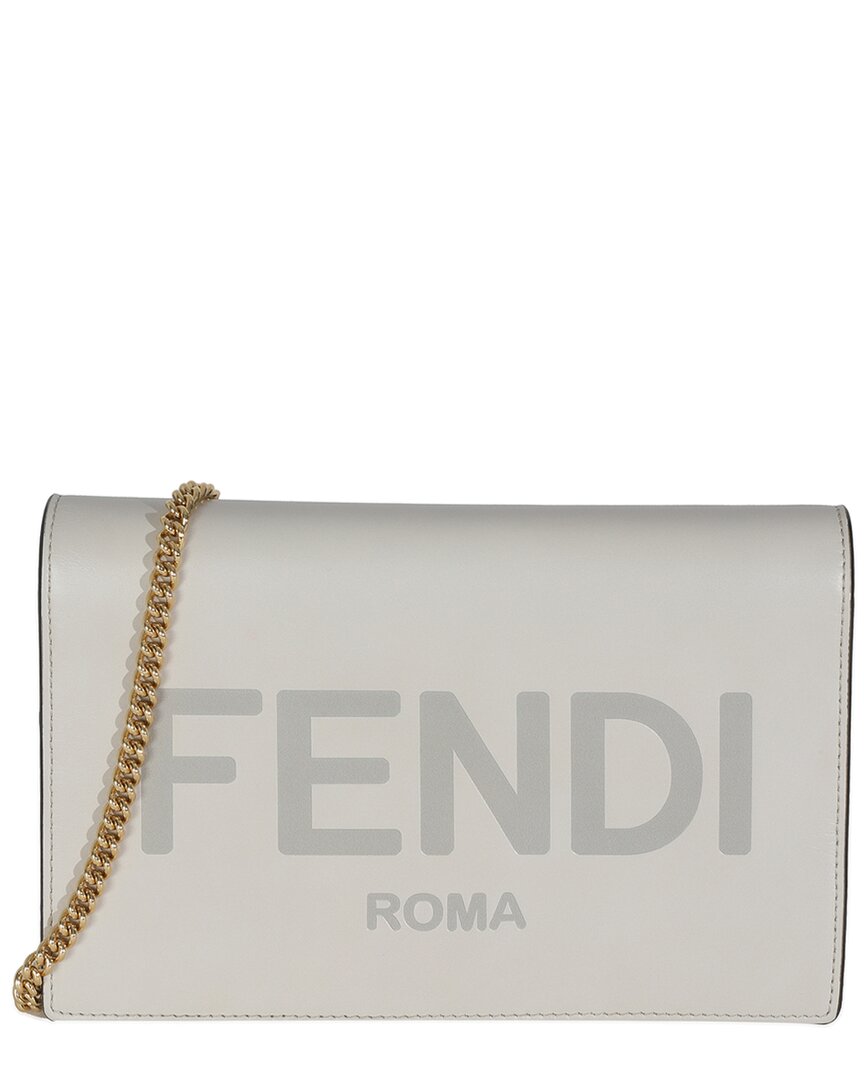 Fendi Grey Leather Logo Embossed Medium Wallet On Chain (authentic Pre-loved) In White