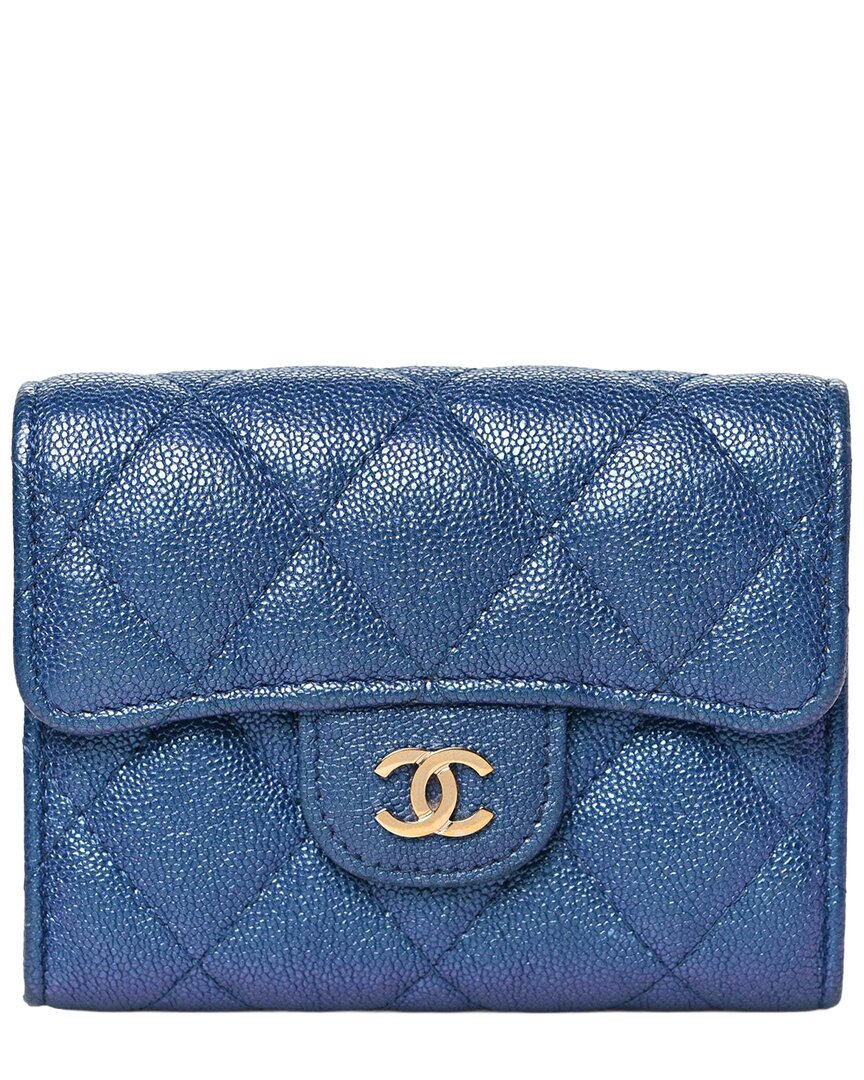 Pre-owned Chanel Dark Blue Iridescent Caviar Leather Flap Quilted Card Holder Wallet  (authentic Pre-loved)