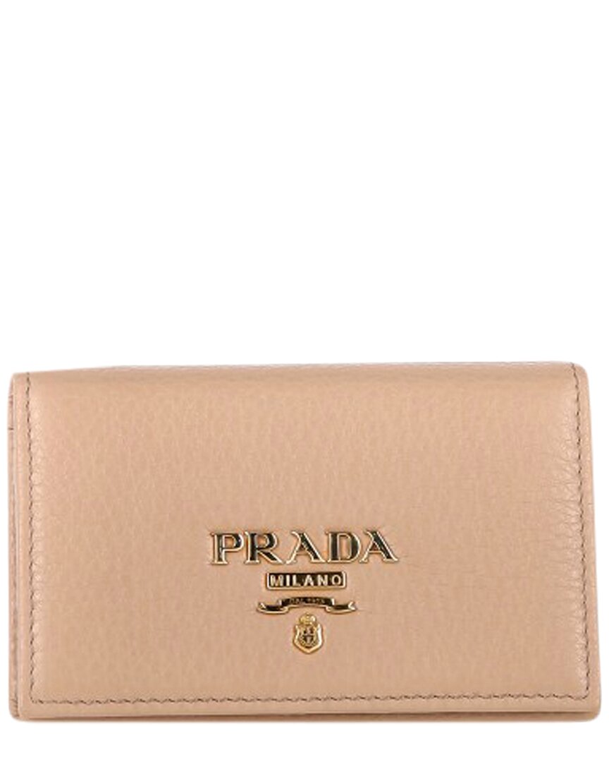 Prada Beige Leather Logo-plaque Foldover Card Holder, Never Carried (authentic Pre-loved) In Brown