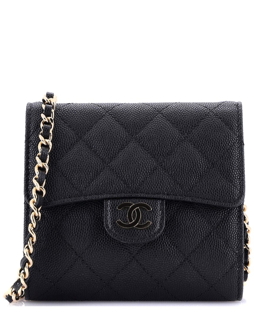 Pre-owned Chanel Black Quilted Caviar Leather Flap Zip Around Card Case On Chain Mini  (authentic Pre-loved)