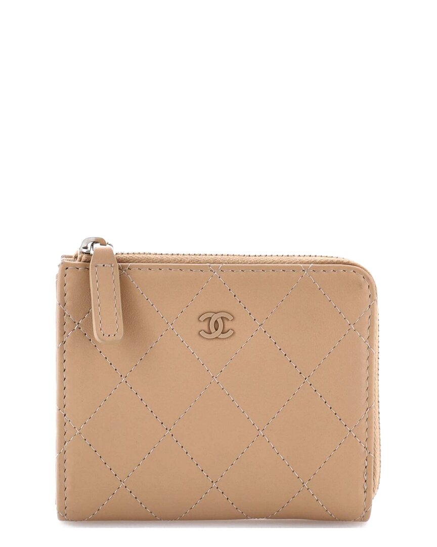 Pre-owned Chanel Beige Quilted Leather Monochrome Cc Zip Wallet Compact (authentic Pre-  Loved)