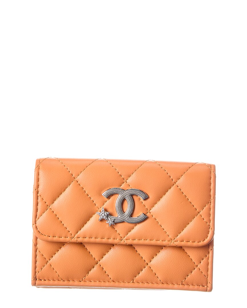 Chanel Orange Quilted Lambskin Leather Cc Stars Trifold Flap