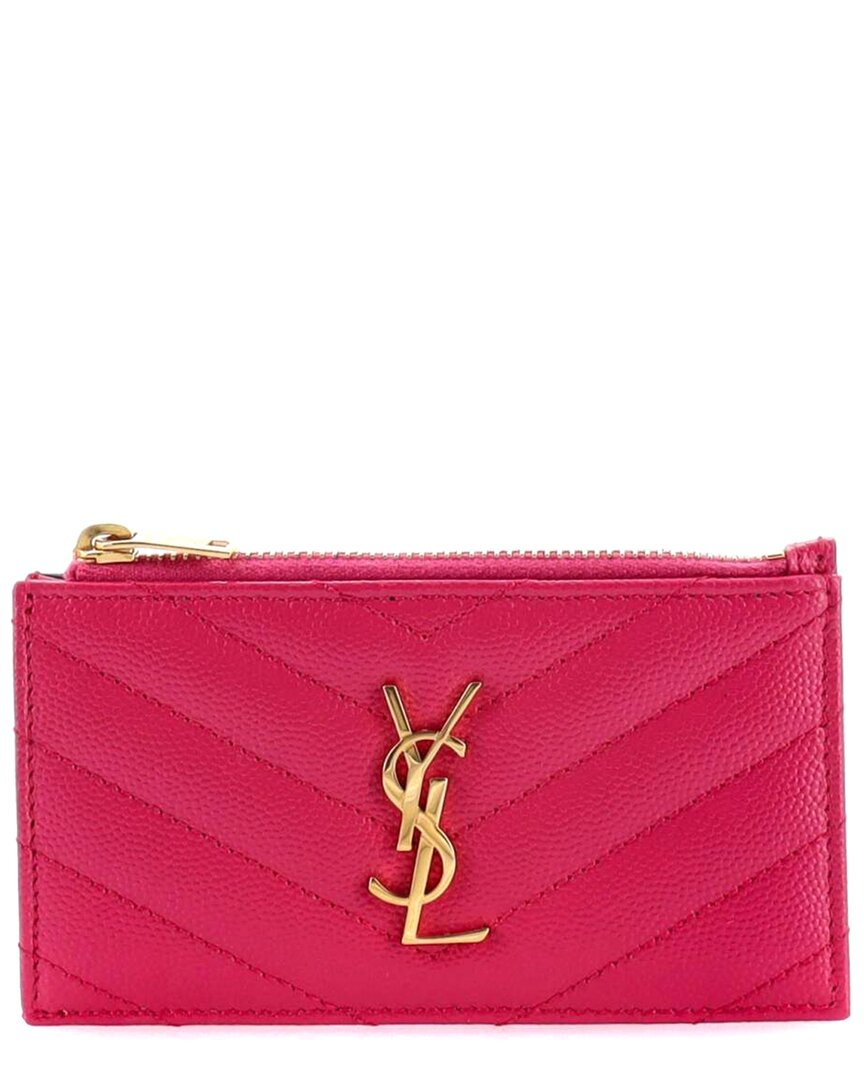 Saint Laurent Pink Sheep Leather Monogram Fragments Zip Card Holder Matelasse  Chevron (authentic Pr