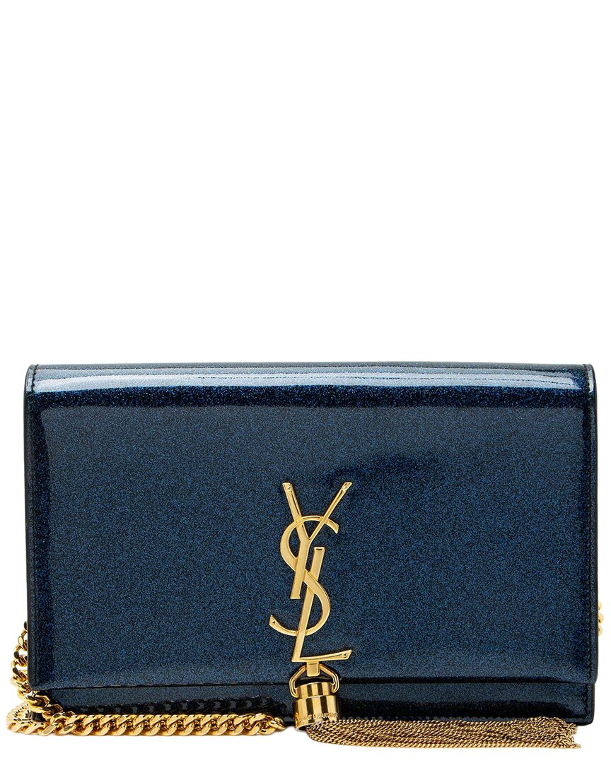 Saint Laurent Blue Glitter Patent Leather Monogram Kate Tassel Chain Wallet