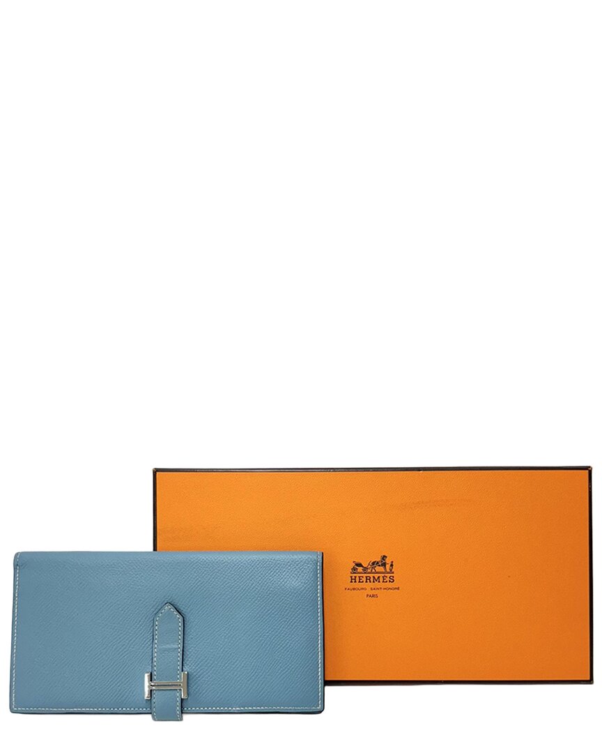 Pre-owned Hermes Hermès Blue Epsom Leather Beane Long Wallet (authentic Pre-loved)