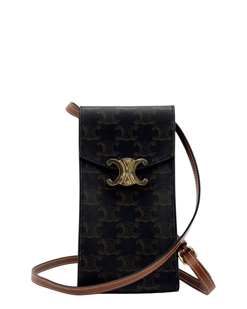 Pre-owned Celine Black Triomphe Canvas & Calfskin Phone Pouch (authentic Pre-loved)