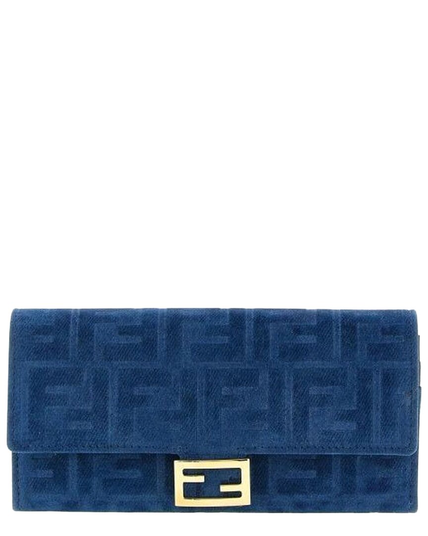 Pre-owned Fendi Blue Flocked Denim Continental Wallet On Chain (authentic Pre-loved)