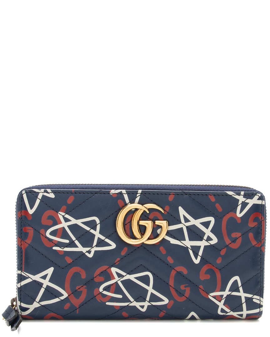 Gucci Blue & Red & White Leather Gg Marmont Ghost Zip Around Wallet (authentic ) In Multi