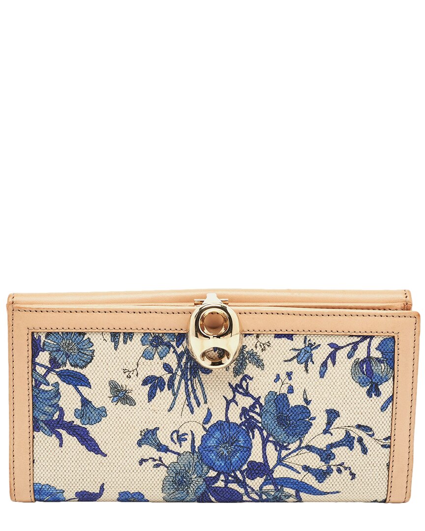 Gucci Blue Gg Canvas & Leather Floral Wave Continental Wallet (authentic ) In Multi