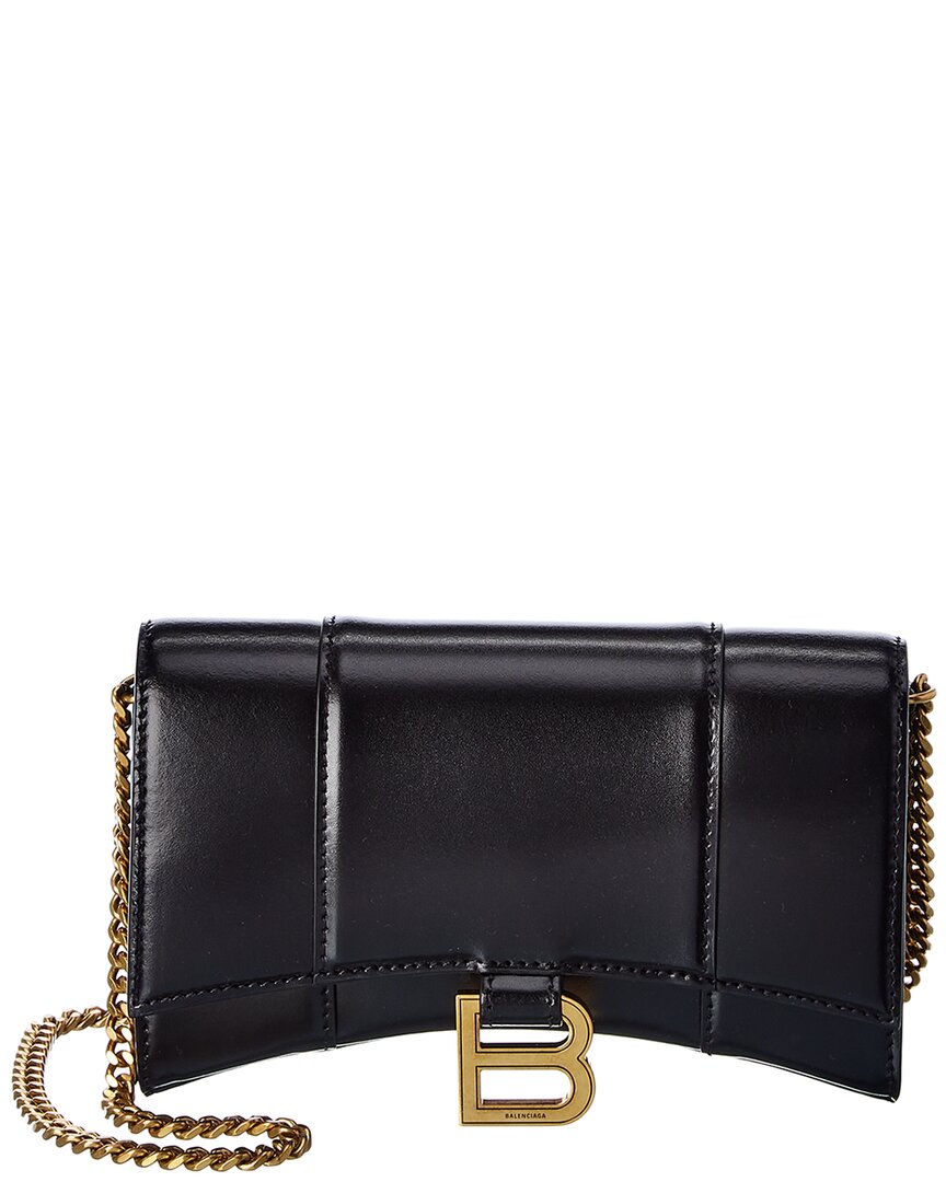 Balenciaga Kids' Hourglass Leather Wallet On Chain In Black