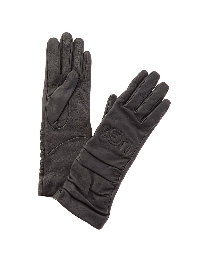 Ugg Scrunched Logo Leather Gloves In Grey