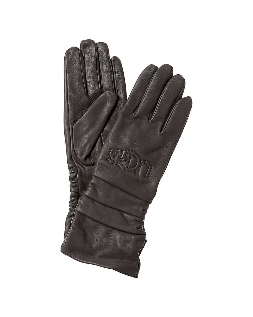 Ugg Scrunched Logo Leather Gloves In Grey