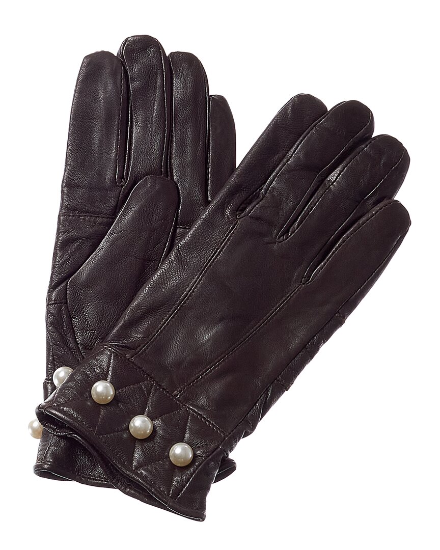 Shop Surell Accessories Pearl Detail Leather Gloves In Brown