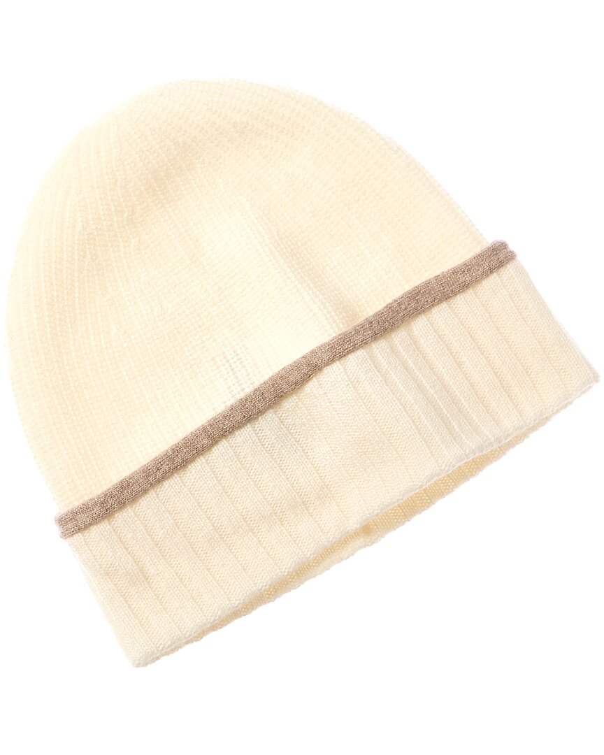 Amicale Cashmere Tipped Cuff Ribbed Cashmere Beanie In White