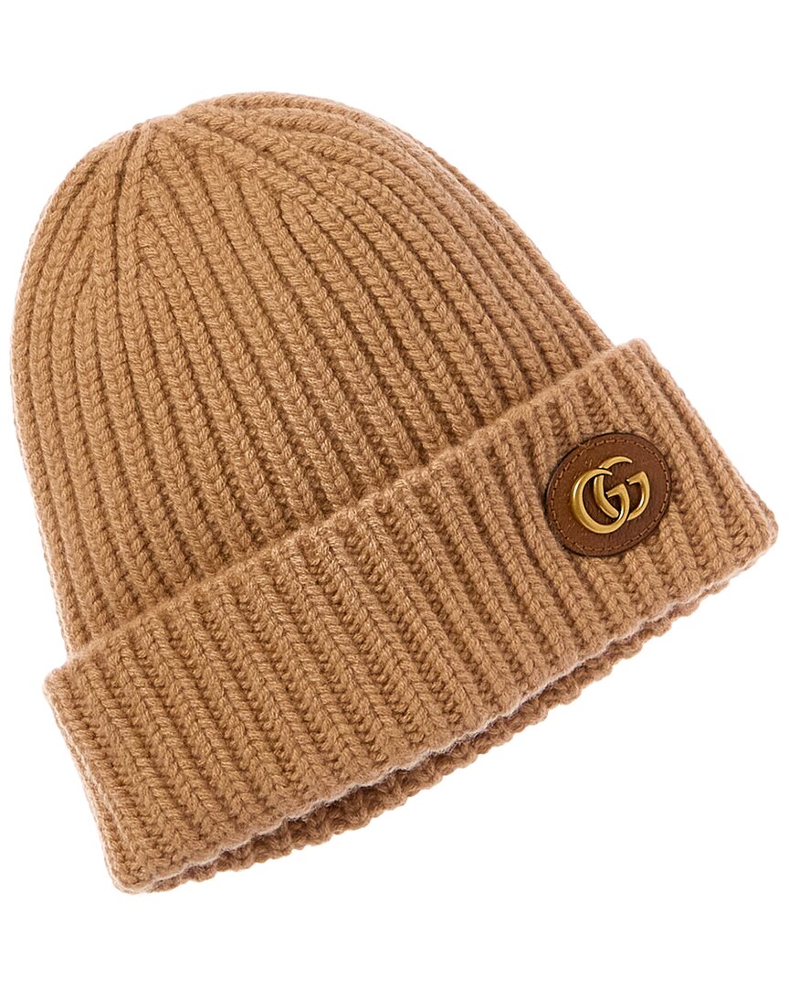 Gucci Womens Camel Double G Ribbed Wool-blend Knitted Beanie Hat In Brown