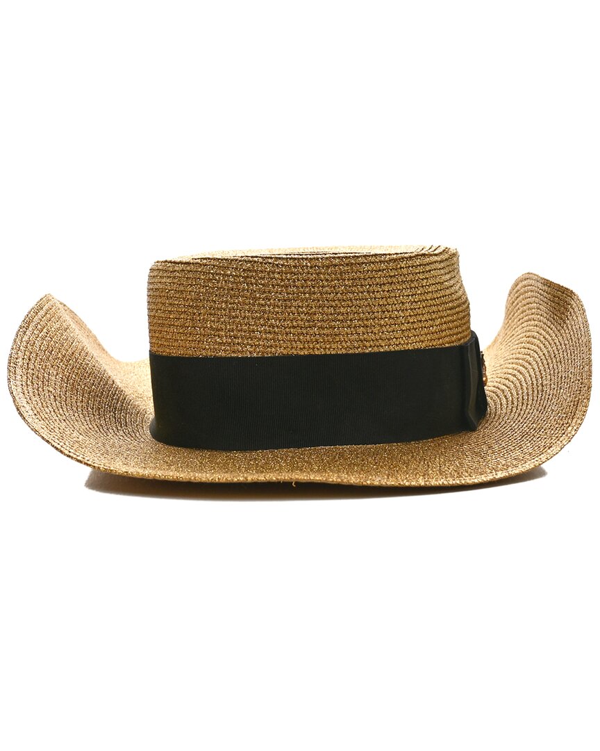 Gucci Glittered Straw Grosgrain Wide Brim Hat Gold (authentic Pre-loved) In Brown