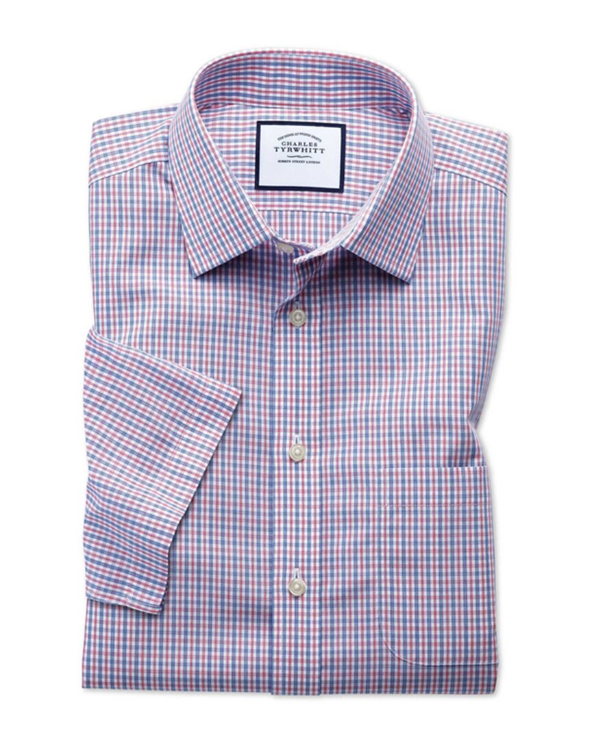 Shop Charles Tyrwhitt Non-iron Check Short Sleeve Classic Fit Shirt In Blue