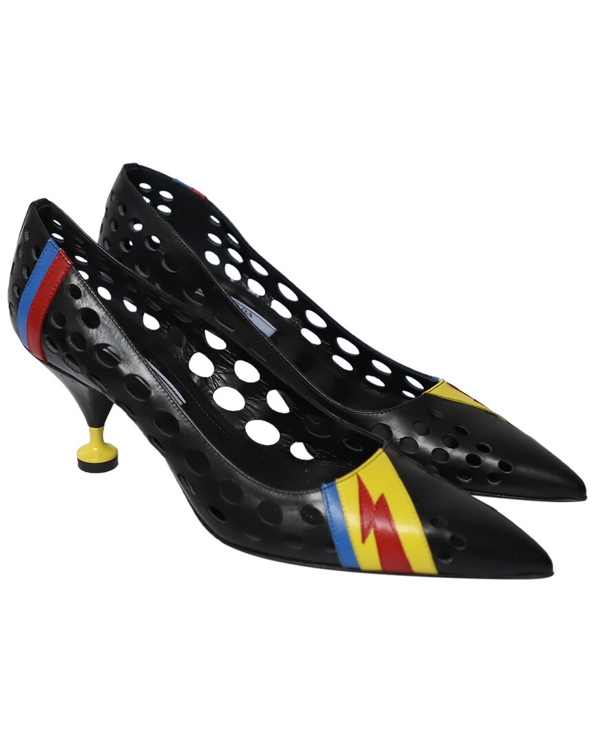 Prada Women's Leather Resort 2016 Perforated Pointed Heel (authentic Pre-  Loved) In Black